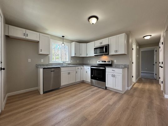 Interior, Kitchen, Pendant Lights, Stainless Steel Appliances, Wood Texture Flooring