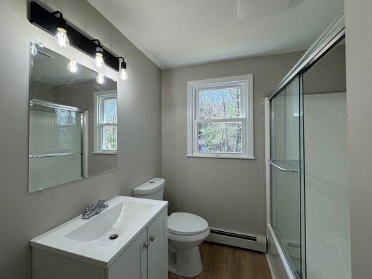Bathroom, Glass Shower, Interior, Wood Texture Flooring