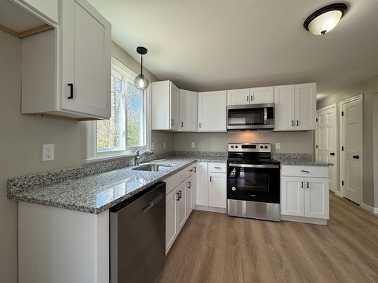 Interior, Kitchen, Pendant Lights, Stainless Steel Appliances, Wood Texture Flooring
