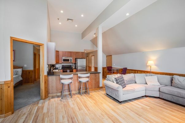 Interior, Kitchen, Living room, Recessed Lighting, Stainless Steel Appliances, Wood Texture Flooring