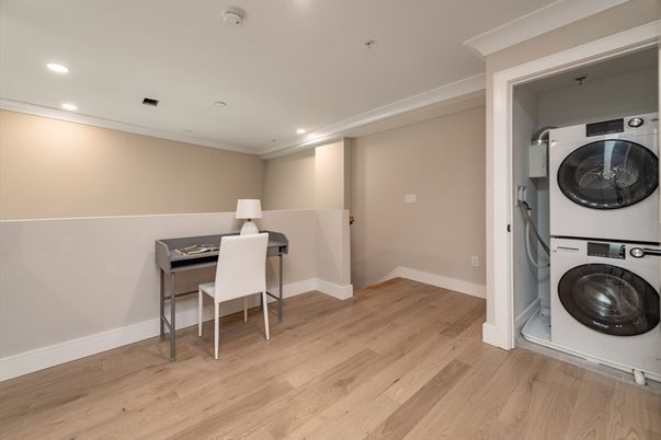 Home Office, Interior, Recessed Lighting, Utility Closets, Washer, Wood Texture Flooring