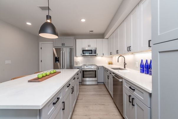 Interior, Kitchen, Pendant Lights, Recessed Lighting, Stainless Steel Appliances, Wood Texture Flooring