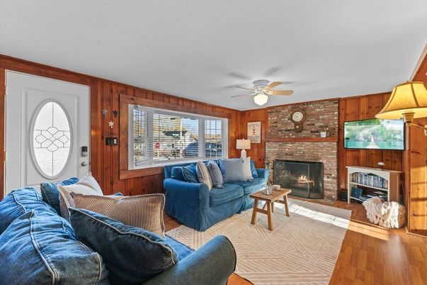 Fireplace, Interior, Living room, Stone Walls, Wood Texture Flooring, Wooden Walls