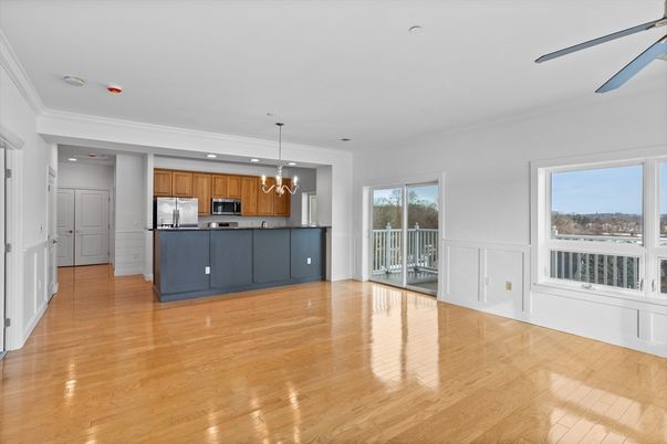 Empty room, Interior, Kitchen, Pendant Lights, Recessed Lighting, Stainless Steel Appliances, Wood Texture Flooring