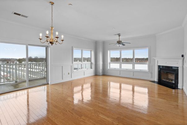 Chandelier, Empty room, Fireplace, Interior, Wood Texture Flooring