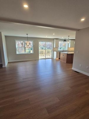 Empty room, Interior, Pendant Lights, Recessed Lighting, Wood Texture Flooring