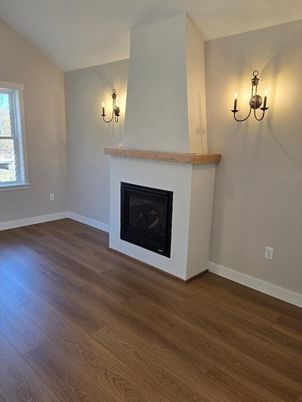 Chandelier, Empty room, Fireplace, Interior, Wood Texture Flooring