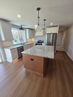 Interior, Kitchen, Pendant Lights, Recessed Lighting, Stainless Steel Appliances, Wood Texture Flooring