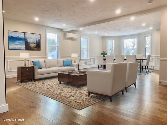 Dining room, Interior, Living room, Recessed Lighting, Wood Texture Flooring