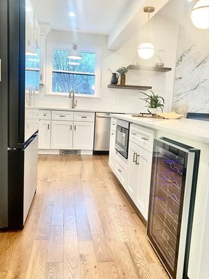 Interior, Kitchen, Marble Walls, Pendant Lights, Recessed Lighting, Stainless Steel Appliances, Wood Texture Flooring