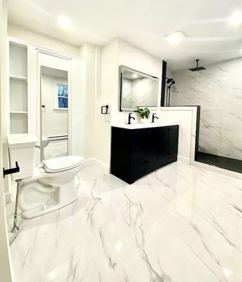 Bathroom, Dual Sink Vanities, Interior, Marble, Marble Walls, Recessed Lighting