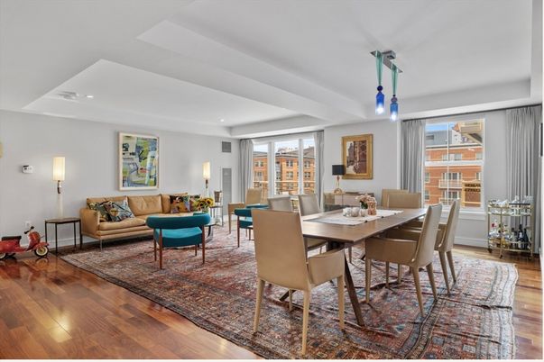 Dining room, Interior, Living room, Pendant Lights, Recessed Lighting, Wood Texture Flooring