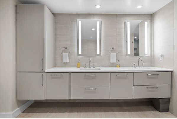 Bathroom, Dual Sink Vanities, Interior, Recessed Lighting, Wood Texture Flooring