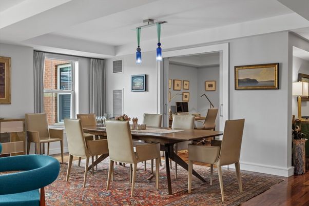 Dining room, Interior, Pendant Lights, Wood Texture Flooring