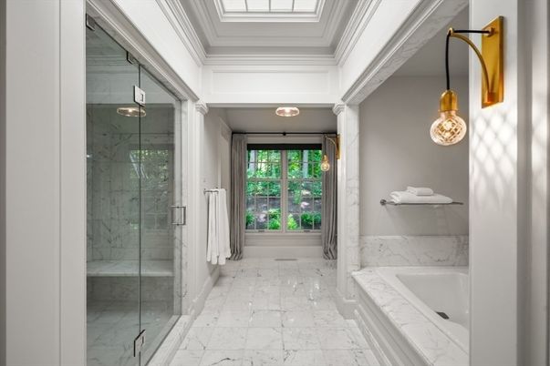 Bathroom, Glass Shower, Interior, Marble, Marble Walls, Pendant Lights