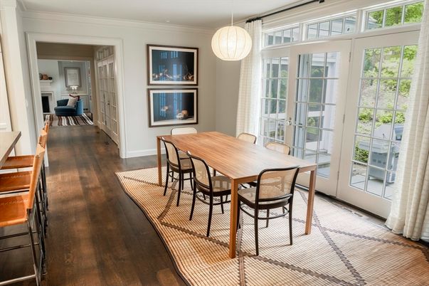 Dining room, Interior, Pendant Lights, Wood Texture Flooring