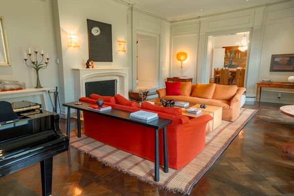 Dining room, Fireplace, Interior, Living room, Piano, Recessed Lighting, Wood Texture Flooring