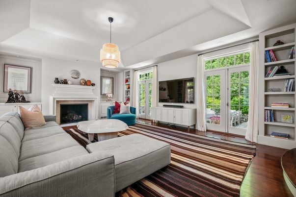 Fireplace, Interior, Living room, Pendant Lights, Wood Texture Flooring