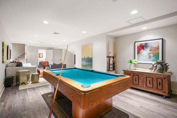 Billiard Table, Game Room, Interior, Recessed Lighting, Wood Texture Flooring