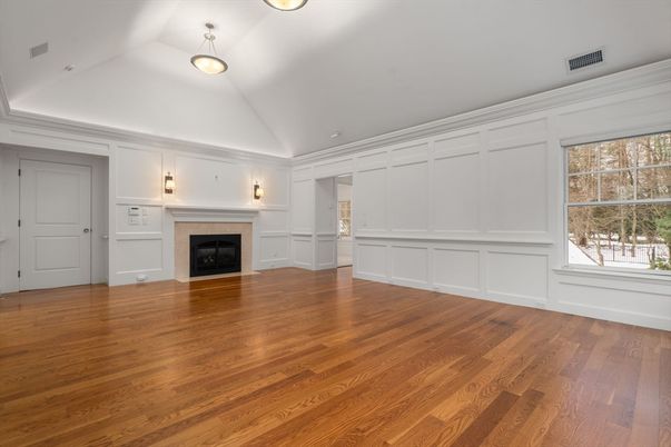 Empty room, Fireplace, Interior, Pendant Lights, Wood Texture Flooring