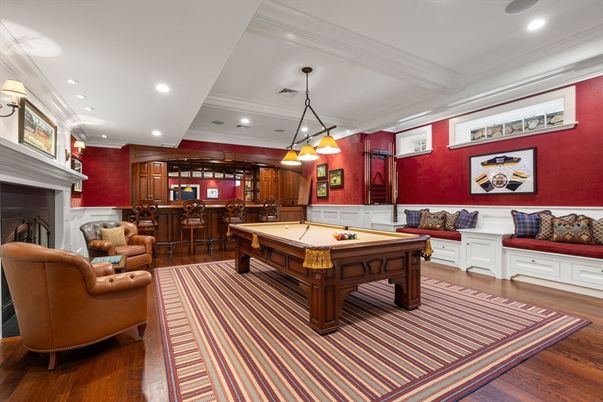 Billiard Table, Fireplace, Game Room, Interior, Pendant Lights, Recessed Lighting, Wood Texture Flooring