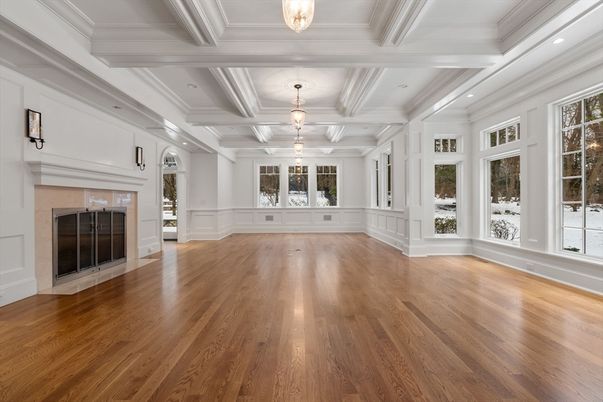Empty room, Fireplace, Interior, Pendant Lights, Recessed Lighting, Wood Texture Flooring