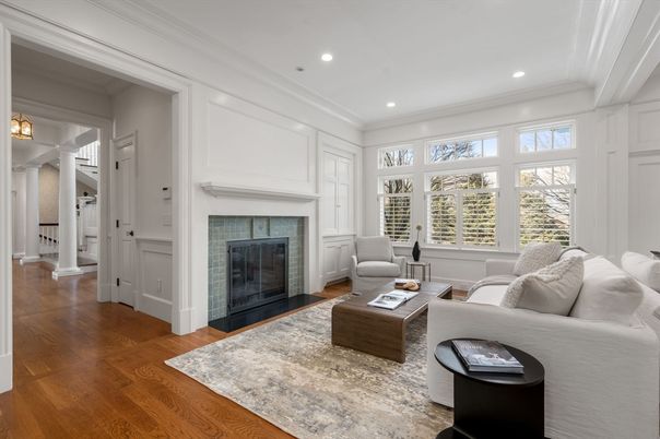 Fireplace, Interior, Living room, Recessed Lighting, Wood Texture Flooring