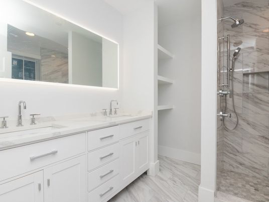 Bathroom, Dual Sink Vanities, Glass Shower, Interior, Marble, Marble Walls