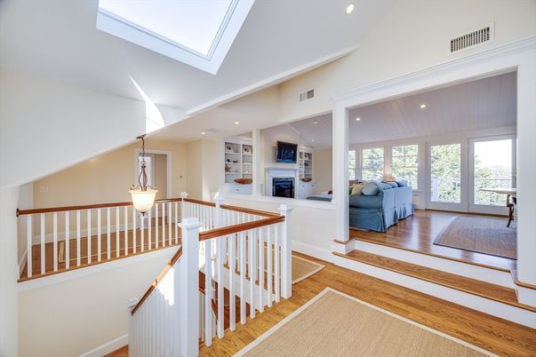 Fireplace, Interior, Pendant Lights, Recessed Lighting, Wood Texture Flooring