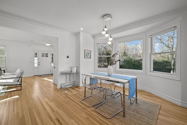 Dining room, Interior, Pendant Lights, Wood Texture Flooring