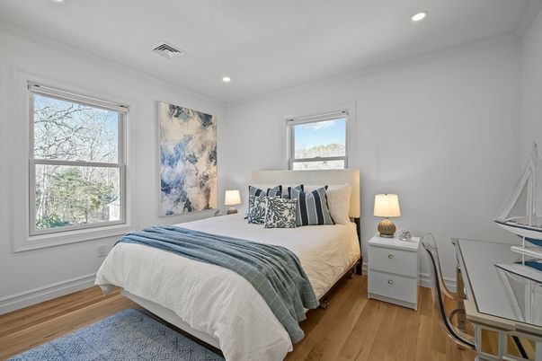 Bedroom, Interior, Recessed Lighting, Wood Texture Flooring