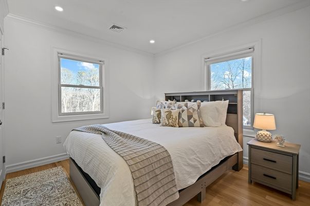 Bedroom, Interior, Recessed Lighting, Wood Texture Flooring