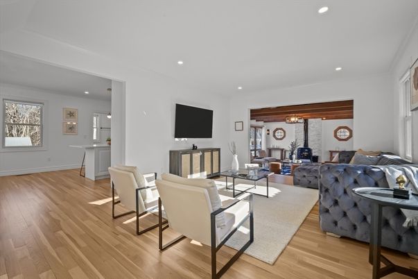 Fireplace, Interior, Living room, Recessed Lighting, Wood Texture Flooring