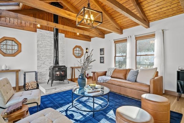 Fireplace, Interior, Living room, Pendant Lights, Stone Walls, Wooden Beams, Wooden Ceilings, Wood Texture Flooring