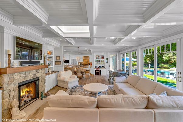 Dining room, Fireplace, Interior, Kitchen, Living room, Pendant Lights, Recessed Lighting, Wood Texture Flooring