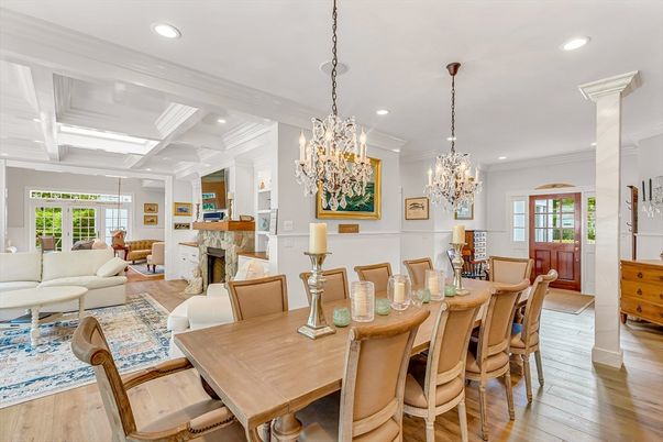 Chandelier, Dining room, Fireplace, Interior, Living room, Recessed Lighting, Wood Texture Flooring