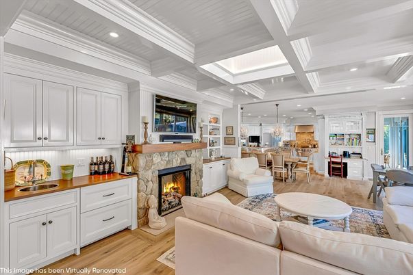 Chandelier, Dining room, Fireplace, Interior, Kitchen, Living room, Pendant Lights, Recessed Lighting, Wood Texture Flooring
