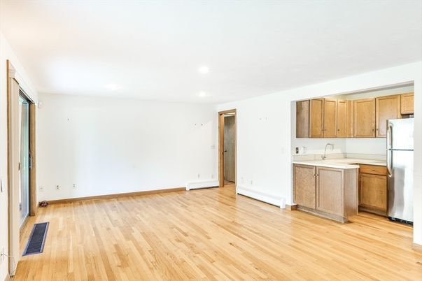 Empty room, Interior, Kitchen, Recessed Lighting, Wood Texture Flooring
