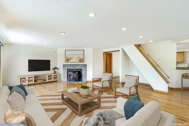 Fireplace, Interior, Living room, Recessed Lighting, Wood Texture Flooring