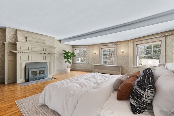 Bedroom, Fireplace, Interior, Wood Texture Flooring