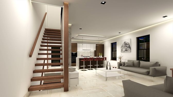 Interior, Kitchen, Living room, Marble Walls, Pendant Lights, Recessed Lighting