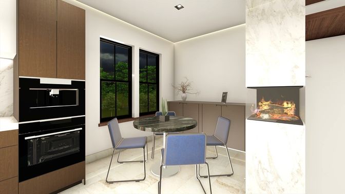 Dining room, Fireplace, Interior, Kitchen, Recessed Lighting
