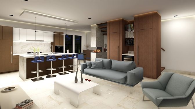 Interior, Kitchen, Living room, Marble Walls, Pendant Lights, Recessed Lighting, Stainless Steel Appliances