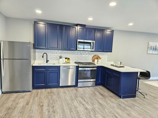 Interior, Kitchen, Recessed Lighting, Stainless Steel Appliances, Wood Texture Flooring