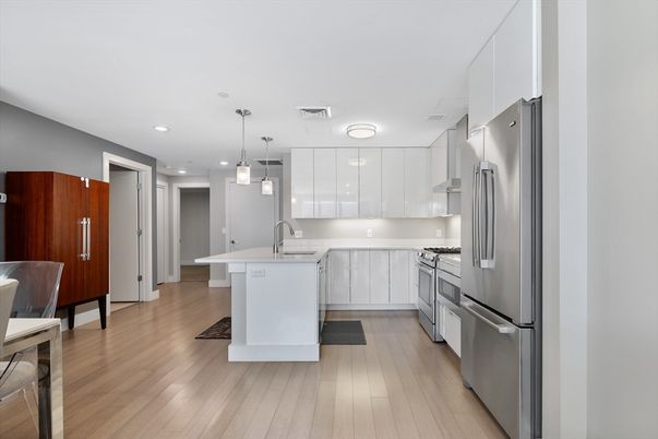 Interior, Kitchen, Pendant Lights, Recessed Lighting, Stainless Steel Appliances, Wood Texture Flooring