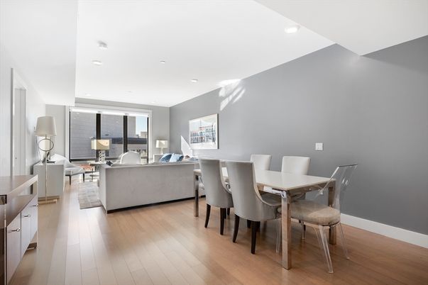 Dining room, Interior, Living room, Recessed Lighting, Wood Texture Flooring