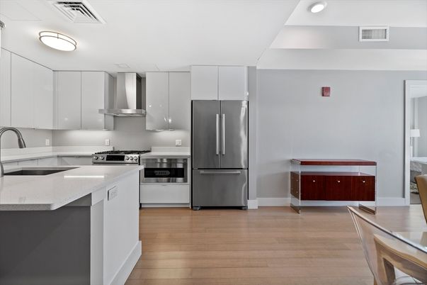Interior, Kitchen, Recessed Lighting, Stainless Steel Appliances, Wood Texture Flooring