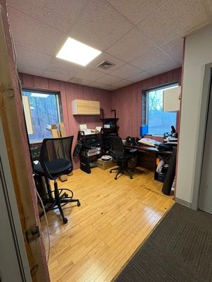 Home Office, Interior, Recessed Lighting, Wood Texture Flooring, Wooden Walls