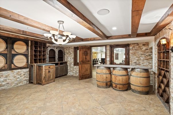 Chandelier, Interior, Recessed Lighting, Stone Walls, Wooden Beams