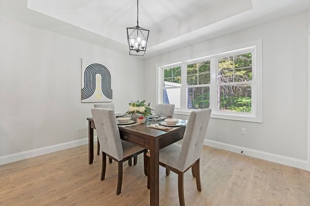 Dining room, Interior, Pendant Lights, Wood Texture Flooring